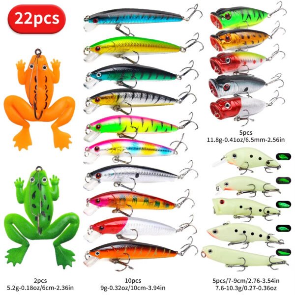 22pcs 1set Hard Lure Bait Soft Frog Popper Minnow Pencil VIB Luminous Lure Kit Durable Hooks Realistic Action Ideal - Image 5
