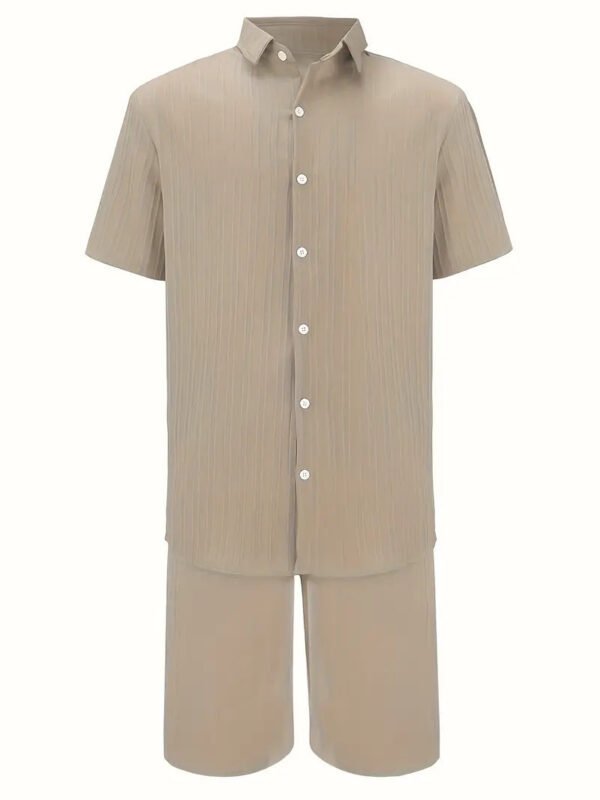 Men's Summer Two-Piece Set Casual Pleated Striped Shirt With Drawstring Shorts, Short Sleeve Workwear Outfit, Lounge Suit - Image 10