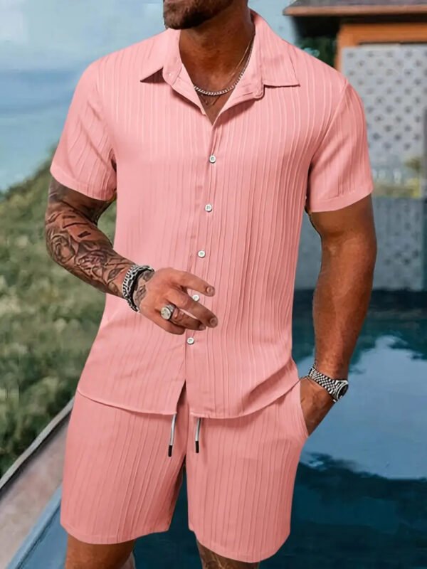 Men's Summer Two-Piece Set Casual Pleated Striped Shirt With Drawstring Shorts, Short Sleeve Workwear Outfit, Lounge Suit - Image 6