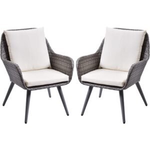 Outdoor Wicker Dining Chair PE Rattan Accent Chair with Beige Cushion Patio Garden Furniture