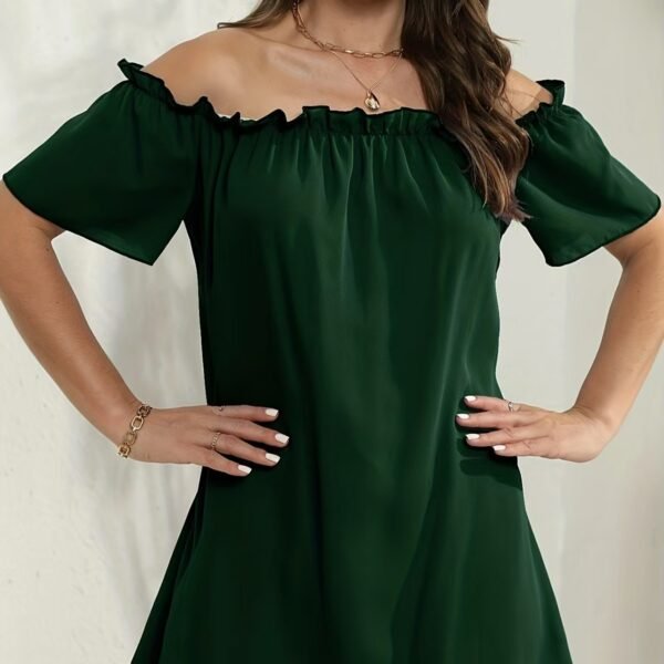 Women's Solid Color Off Shoulder Pleated Decorative Dress, One Shoulder Casual Dress - Image 4