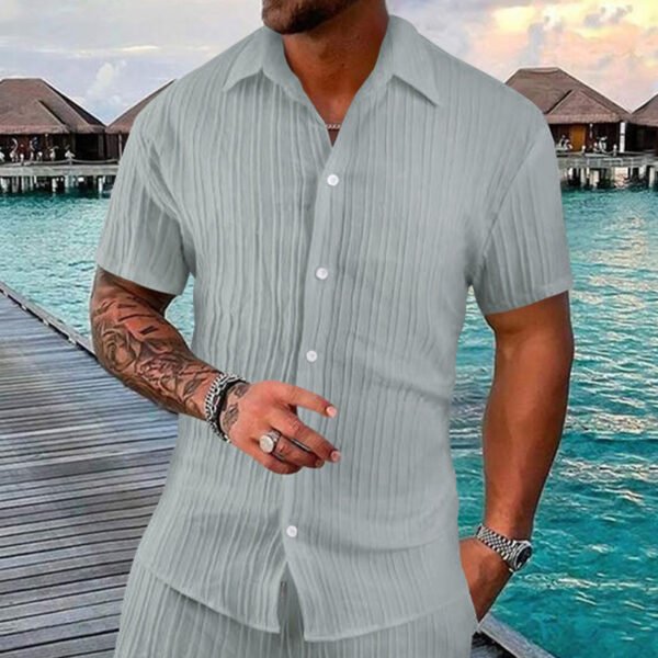 Polo Collar Solid Color Short Sleeve Button Men's Casual Loose Short Sleeves Shirt - Image 6