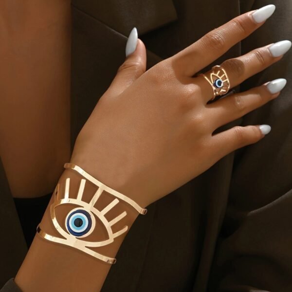 14K Gold Plated Golden Eye  Charm Bangle & Ring Set - Image 4