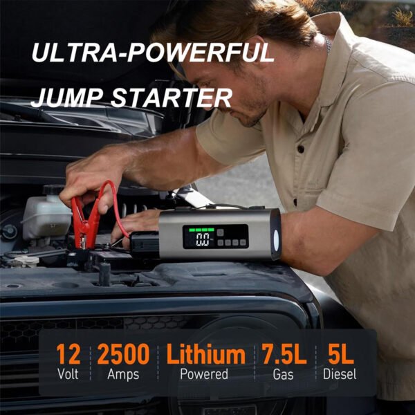 Jump Starter With Air Compressor And Air Pump, 2500A Battery Jump Starter With 150PSI Tire Inflator, Up To 7.5L Gas   5.0L Diesel Engine, 2 LED Screen For Car Tires, Air Mattress, Inflatables - Image 6