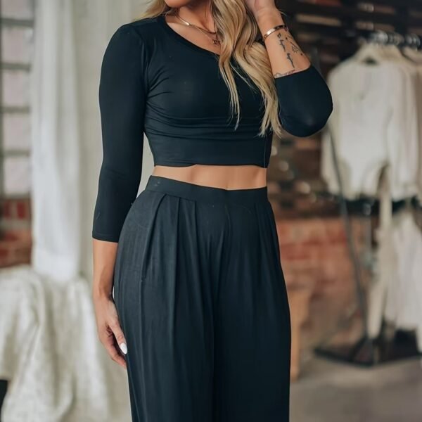 Women's Solid Color Two-piece Solid Exposed Navel Long Sleeved T-shirt And High Waist Wide Leg Pants Set - Image 3