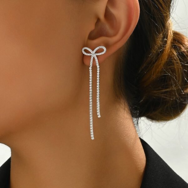 Women's Bridal Silver Bow Rhinestone Women's Pendant Earrings - Image 4