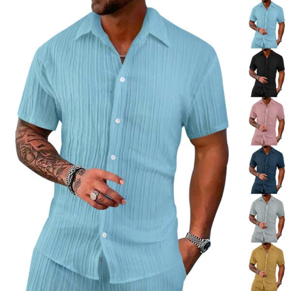 Polo Collar Solid Color Short Sleeve Button Men's Casual Loose Short Sleeves Shirt - Image 10