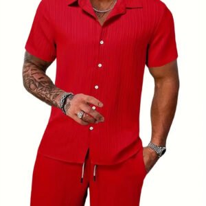 Men's Summer Two-Piece Set Casual Pleated Striped Shirt With Drawstring Shorts, Short Sleeve Workwear Outfit, Lounge Suit