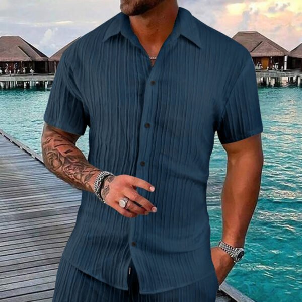 Polo Collar Solid Color Short Sleeve Button Men's Casual Loose Short Sleeves Shirt - Image 7