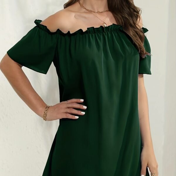 Women's Solid Color Off Shoulder Pleated Decorative Dress, One Shoulder Casual Dress - Image 2