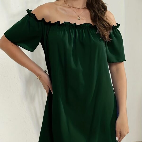Women's Solid Color Off Shoulder Pleated Decorative Dress, One Shoulder Casual Dress - Image 5