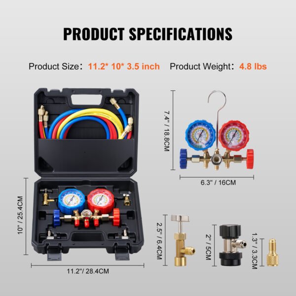 VEVOR AC Gauge Set - 3 Way AC Manifold Gauge Set For R134A R22 R12 R502 Refrigerant, Freon Gauges With 5ft Hoses, Couplers, Can Tap Works On Car Auto Freon Charging And Evacuation - Image 7