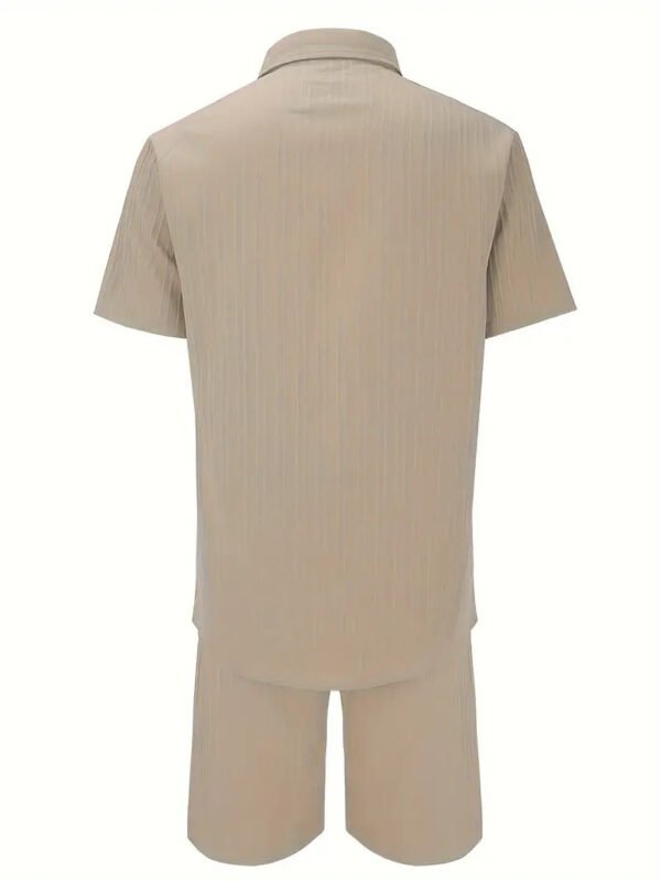 Men's Summer Two-Piece Set Casual Pleated Striped Shirt With Drawstring Shorts, Short Sleeve Workwear Outfit, Lounge Suit - Image 2