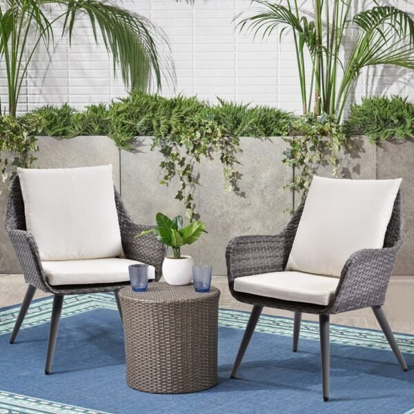 Outdoor Wicker Dining Chair PE Rattan Accent Chair with Beige Cushion Patio Garden Furniture - Image 2