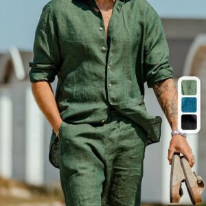 Pring Summer Green Casual Long Sleeved Shirt And Shorts Set