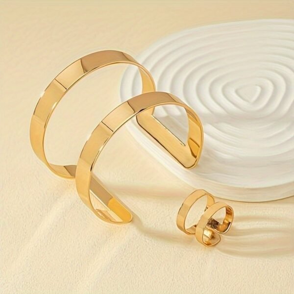 14K Gold Plated Cuff Bangle And  Ring Set - Minimalist Style - Image 2