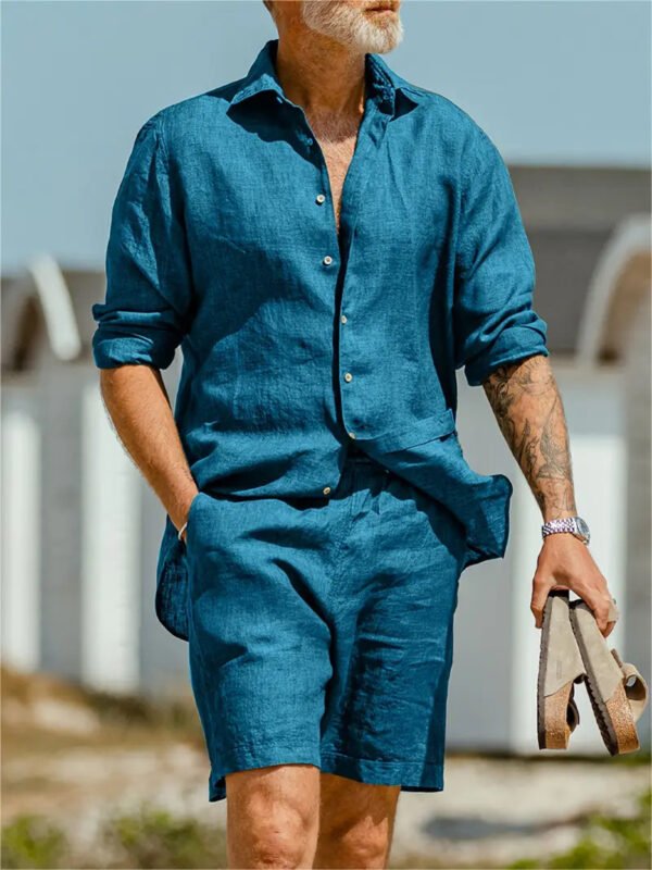 Pring Summer Green Casual Long Sleeved Shirt And Shorts Set - Image 3