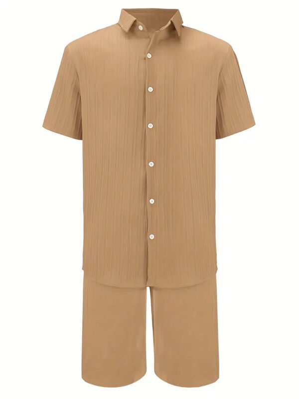 Men's Summer Two-Piece Set Casual Pleated Striped Shirt With Drawstring Shorts, Short Sleeve Workwear Outfit, Lounge Suit - Image 4
