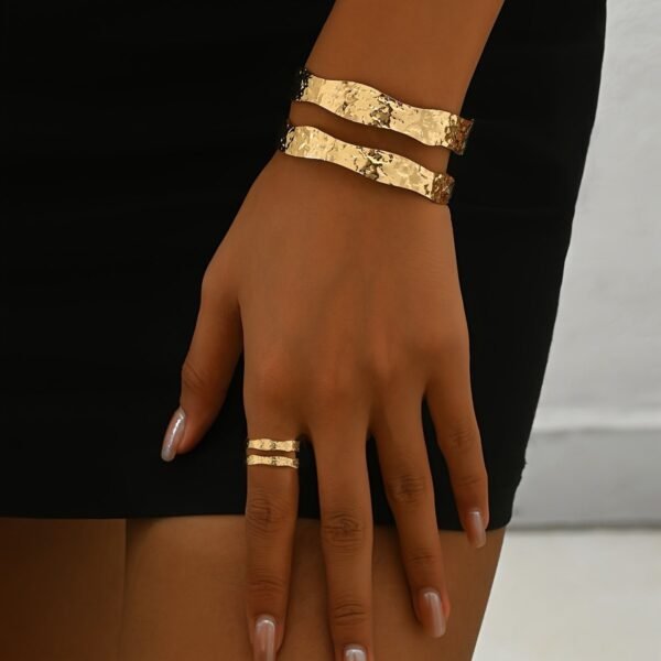 14K Gold -Toned Hammered Texture  Cuff Bracelet And Ring Set - Image 2