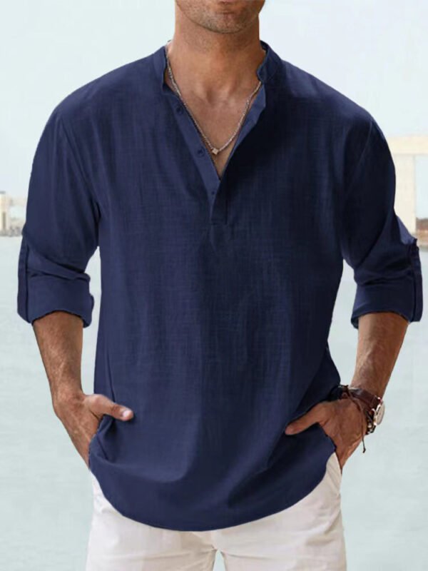 Men's Linen Stand-up Collar Long Sleeve T-shirt Loose Undershirt - Image 2