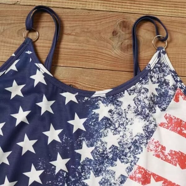 Ladies' V-neck American Flag Star Striped Pocket Shoulder Strap Mini Dress, Independence Day Dress - Image 3