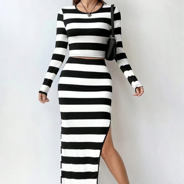 Ladies' Fashion Striped Printed Long Sleeved Top With Slit Skirt - Image 2