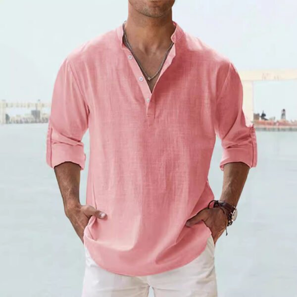 Men's Linen Stand-up Collar Long Sleeve T-shirt Loose Undershirt - Image 5