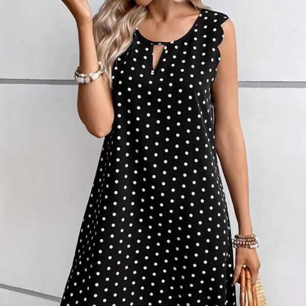 Ladies' Fashionable Casual Pullover Polka Dot Dress With Hollowed Out Collar And Round Neck Wavy Edge Skirt - Image 3