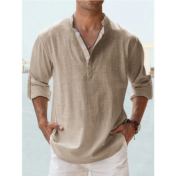 Men's Linen Stand-up Collar Long Sleeve T-shirt Loose Undershirt - Image 7
